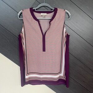 LOFT Women's Sleeveless Geometric Print Split Neck Top Size M Purple Pink